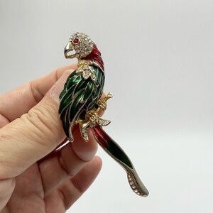 Vintage Macaw Parrot Bird Brooch Enamel Gold Tone With White Rhinestones